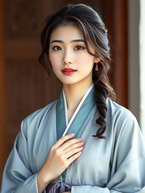 成年女性以全身构图呈现汉服造型，画面突出服饰轮廓与整体氛围。